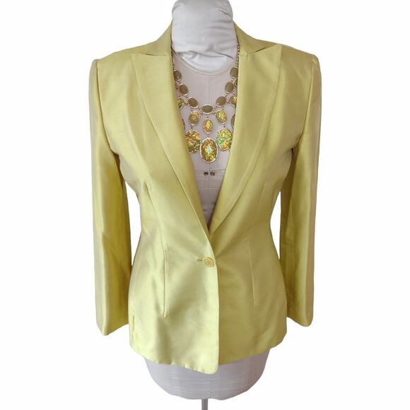 OSCAR DE LA RENTA Yellow Silk Blazer Sz 2 Lightweight Fitted Lemon Suit Jacket